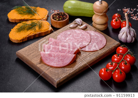 Delicious squash caviar sandwiches on a dark concrete background, healthy breakfast Delicious squash caviar sandwiches on a dark concrete background, healthy breakfast 91159913