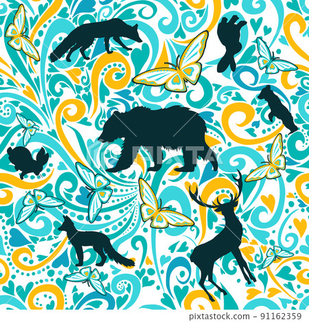 Seamless background with silhouettes of animals from the forest. Vector illustration 91162359