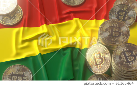 Bitcoin tokens and flag of Bolivia. Cryptocurrency related 3D rendering Bitcoin tokens and flag of Bolivia. Cryptocurrency related 3D rendering 91163464