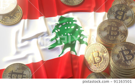 Bitcoin BTC coins or tokens and flag of Lebanon. Crypto market related 3D rendering Bitcoin BTC coins or tokens and flag of Lebanon. Crypto market related 3D rendering 91163501