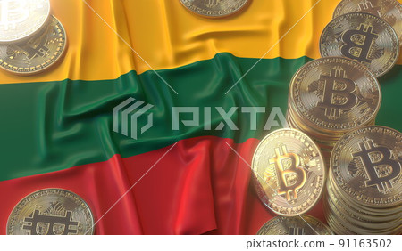 Bitcoin BTC coins or tokens and flag of Lithuania. Crypto market related 3D rendering Bitcoin BTC coins or tokens and flag of Lithuania. Crypto market related 3D rendering 91163502