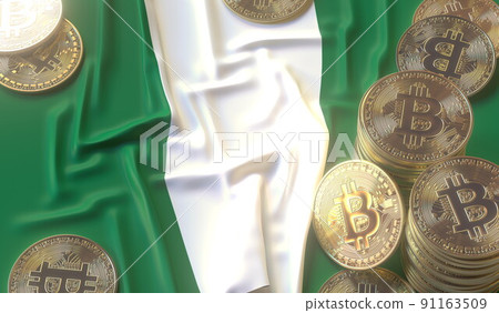 Bitcoin tokens and flag of Nigeria. Cryptocurrency related 3D rendering Bitcoin tokens and flag of Nigeria. Cryptocurrency related 3D rendering 91163509
