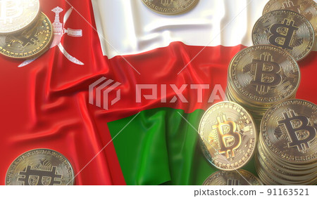 Bitcoin tokens and flag of Oman. Cryptocurrency related 3D rendering Bitcoin tokens and flag of Oman. Cryptocurrency related 3D rendering 91163521