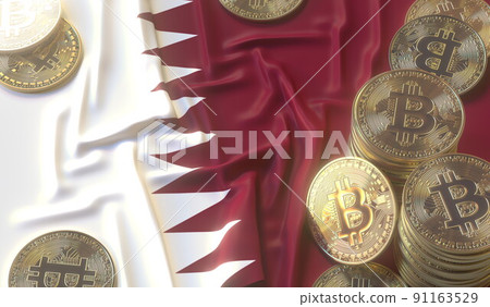 Flag of Qatar and bitcoin coins or tokens, cryptocurrency related 3D rendering 91163529