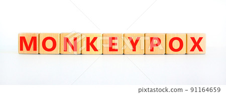 Monkeypox virus pandemic symbol. Concept words Monkeypox on wooden blocks. Beautiful white table white background. Medical and Monkeypox virus pandemic concept. Copy space. Monkeypox virus pandemic symbol. Concept words Monkeypox on wooden blocks. Beautiful white table white background. Medical and Monkeypox virus pandemic concept. Copy space. 91164659