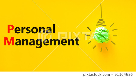 PM Personal management symbol. Concept words PM Personal management. Green light bulb icon. Beautiful yellow background. Business and PM personal management concept. PM Personal management symbol. Concept words PM Personal management. Green light bulb icon. Beautiful yellow background. Business and PM personal management concept. 91164686