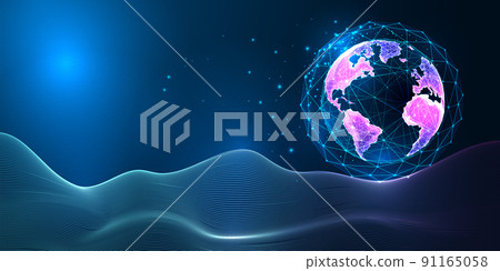 Concept of metaverse world with planet Earth globe on fantasy space landscape in futuristic style 91165058