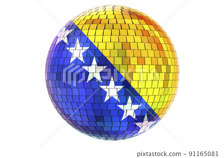 Mirror disco ball with Bosnian and Herzegovinan flag, 3D rendering 91165081