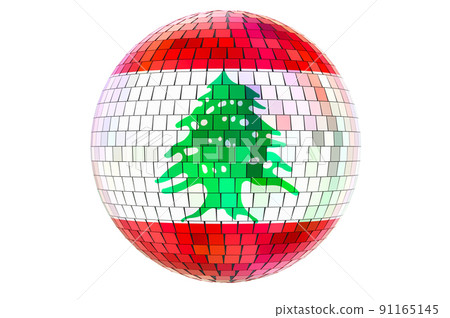 Mirror disco ball with Lebanese flag, 3D rendering Mirror disco ball with Lebanese flag, 3D rendering 91165145