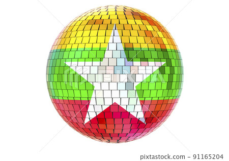 Mirror disco ball with Myanmar flag, 3D rendering Mirror disco ball with Myanmar flag, 3D rendering 91165204