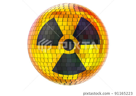 Mirror disco ball with radiation symbol, 3D rendering Mirror disco ball with radiation symbol, 3D rendering 91165223