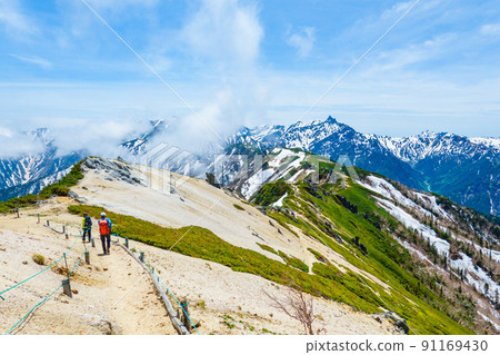 Climbing Mt. Tsubakuro in early summer (view of Mt. Yarigatake from Enzanso) 91169430