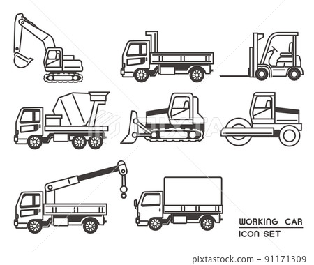Vector illustration material of icons of working cars such as excavators and bulldozers / heavy machinery / construction / working cars 91171309
