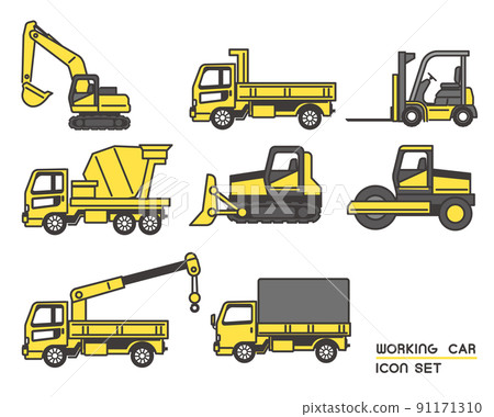 挖掘機和推土機/重型機械/建築/工作車等工作車圖標的矢量圖解材料 91171310
