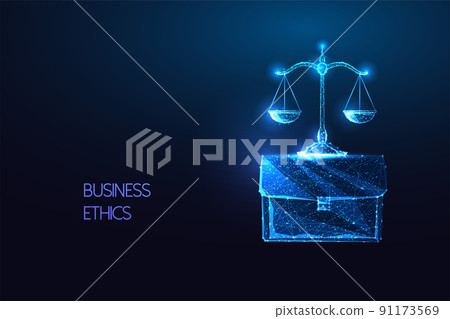 Concept of business ethics, core values in futuristic glowing low polygonal style on blue backgound 91173569