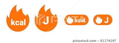 Energy fat burn kcal fire icon. Kilocalorie hot logo vector weight fitness flame graphic icon 91174297
