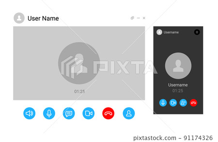 Virtual call video mockup icon. Videocall interface phone desktop conference screen template ui 91174326