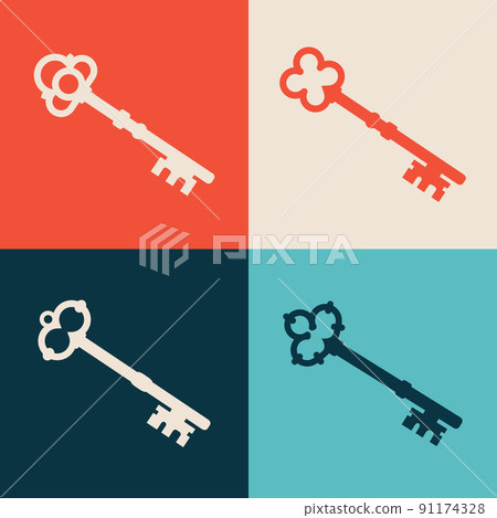 Old key vector house icon logo. Old key silhouette antique lock illustration Old key vector house icon logo. Old key silhouette antique lock illustration 91174328