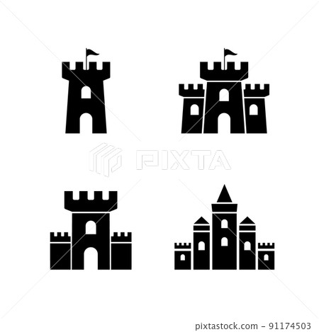 Castle vector icon fort symbol tower. Castle tower logo stronghold medieval silhouette icon Castle vector icon fort symbol tower. Castle tower logo stronghold medieval silhouette icon 91174503