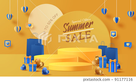 Summer display podium decoration background with beach ornament. Vector 3D Illustration Summer display podium decoration background with beach ornament. Vector 3D Illustration 91177116