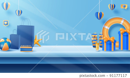 Summer display podium decoration background with beach ornament. Vector 3D Illustration 91177117