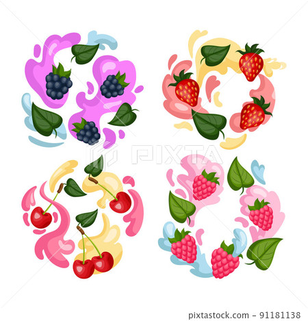 Fruit berry. Summer vitamin plants and liquid splashes. Juicy raspberry and strawberry with leaves. Sweet bramble and cherry. Color dessert drawing. Yogurt round streams. Abstract vector illustration 91181138
