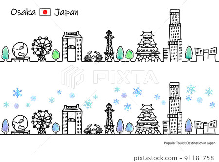 大阪冬季觀光景點的城市景觀和簡單的線條畫集（新） 91181758