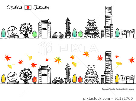秋季大阪觀光景點城市景觀的簡單線條畫集（新） 91181760