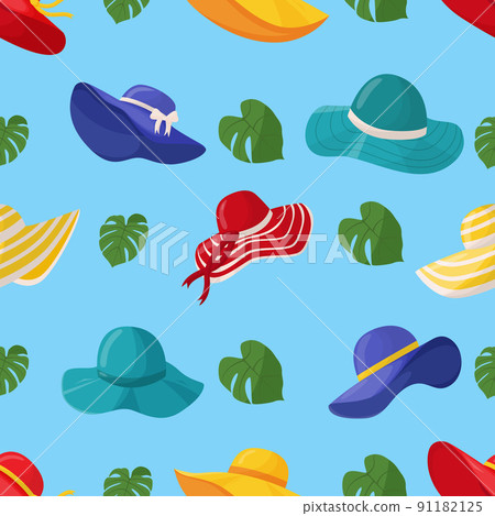 Bbeautiful women's summer hats seamless pattern. Stylish summer female headwear. A fashion accessory for a vacation at sea in hot countries. Flat vector illustration. Bbeautiful women's summer hats seamless pattern. Stylish summer female headwear. A fashion accessory for a vacation at sea in hot countries. Flat vector illustration. 91182125