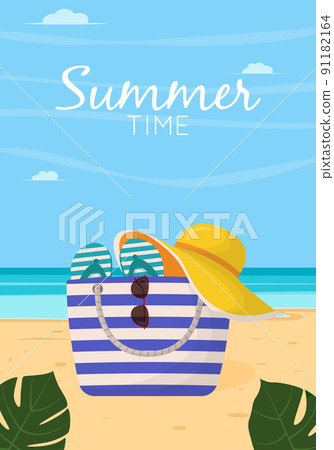 Colorful women's summer bag with beach accessories. Summer design elements. Flat vector illustration for poster, banner, flyer 91182164