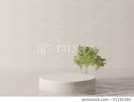 Podium standing in water, with plant, on the cream background. Beautiful mock up for product, cosmetic presentation. Pedestal or platform for beauty products. Empty scene, stage. 3D rendering. 91182380
