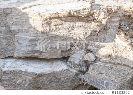 Sinkhole filled with turquoise water, near Dead Sea coastline. Leyers of mud and salt. Hole formed when underground salt is dissolved by freshwater intrusion, due to continuing sea-level drop 91183262