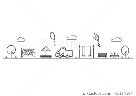 Children playground with swings, sandbox and bench in park. Entertainment in kids area. Outline city landscape. Vector 91184194