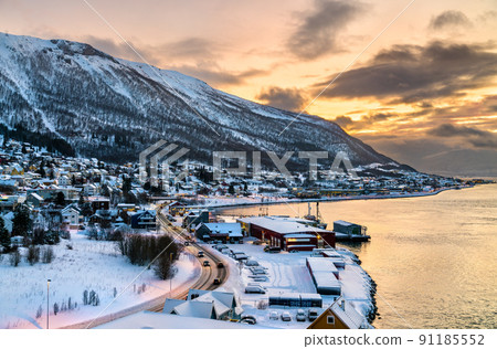 Sunset above the fjord in winter in Tromso, Norway 91185552