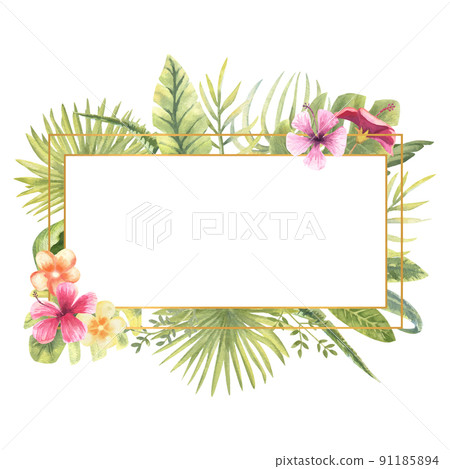 Vector illustration of a rectangular frame with tropical plants. Monster, banana leaves, hibiscus, etc. Floral watercolor. For the design of greeting cards, invitations 91185894