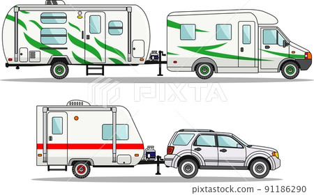 Set of car and travel trailers on a white background in flat style. Vector illustration. Set of car and travel trailers on a white background in flat style. Vector illustration. 91186290