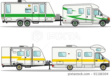 Set of car and travel trailers on a white background in flat style. Vector illustration. Set of car and travel trailers on a white background in flat style. Vector illustration. 91186304