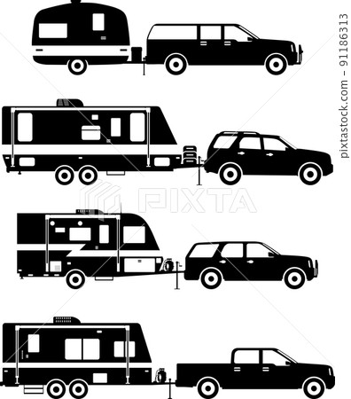 Set of different silhouettes travel trailer caravans on a white background. Vector illustration. 91186313