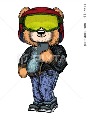 Cute teddy bear in Christmas hat and blue jeans. Cool boy selfie 91186643