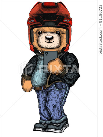Cute teddy bear in Christmas hat and blue jeans. Cool boy selfie Cute teddy bear in Christmas hat and blue jeans. Cool boy selfie 91186722