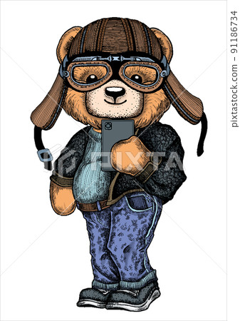 Cute teddy bear in biker helmet and blue jeans. Cool boy selfie Cute teddy bear in biker helmet and blue jeans. Cool boy selfie 91186734