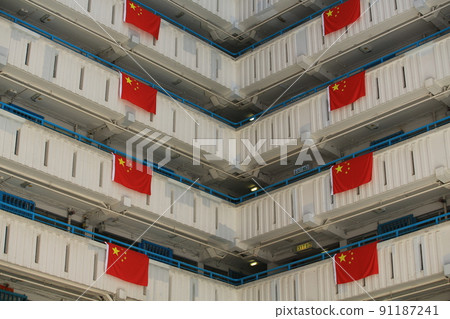 flags for celebrate the 25th anniversary of the establishment of the Hong Kong Special Administrative in Ping Shek Estate, Hong Kong 91187241