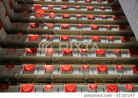 flags for celebrate the 25th anniversary of the establishment of the Hong Kong Special Administrative in Ping Shek Estate, Hong Kong 91187247