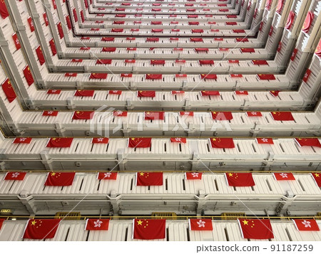 flags for celebrate the 25th anniversary of the establishment of the Hong Kong Special Administrative in Ping Shek Estate, Hong Kong flags for celebrate the 25th anniversary of the establishment of the Hong Kong Special Administrative in Ping Shek Estate, Hong Kong 91187259