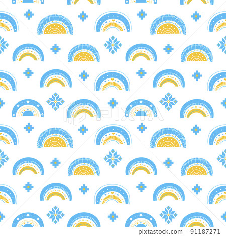 Seamless pattern with rainbows and embroidered elements in national blue and yellow colors on white background Seamless pattern with rainbows and embroidered elements in national blue and yellow colors on white background 91187271