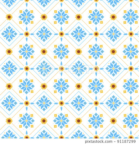 Seamless pattern with sunflowers and embroidered elements in national blue and yellow colors on white background Seamless pattern with sunflowers and embroidered elements in national blue and yellow colors on white background 91187299