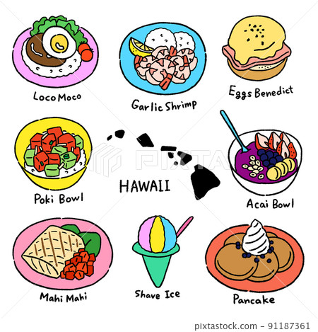 Vector illustration set of delicious Hawaiian gourmet food Vector illustration set of delicious Hawaiian gourmet food 91187361
