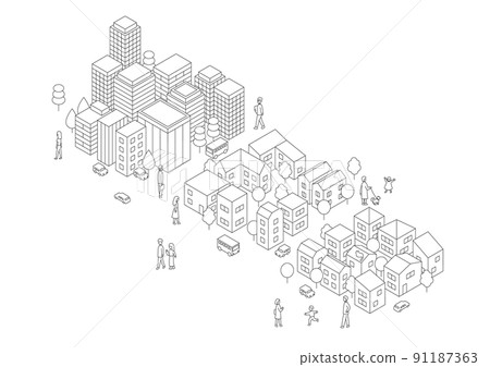 Isometric vector illustration of office district and residential area 91187363