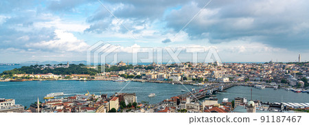 Aerial view of Isanbul old town with Galata bridge and Golden Horn bay, Turkey 91187467