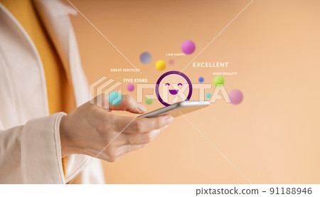 Customer Experiences Concept. Happy Client Using Smartphone to Reading Review Rating for Online Satisfaction Surveys. Positive Feedback on Mobile Phone 91188946